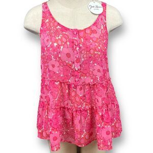 JULIE BROWN NY Woven Tiara Tank Top Blouse Flowers Flowy Tiered Pink Sz S $130